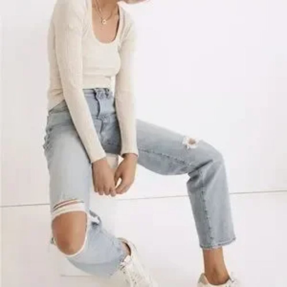 Madewell Jean Perfect Vintage Straight Light Wash Knee-Rip High Waist 24 #ND515 - Picture 3 of 16